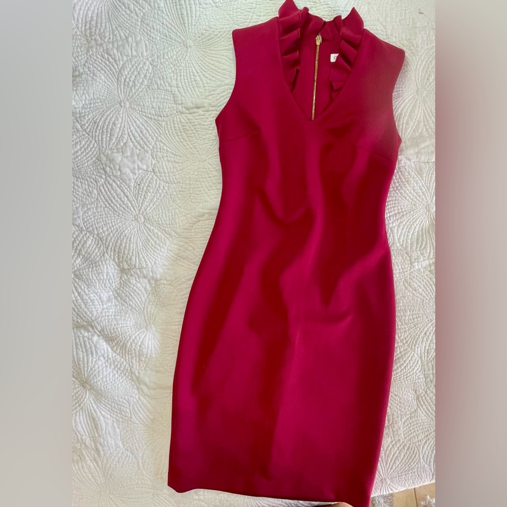 Calvin Klein Red Sheath Dress w Ruffled Collar Cocktail Wedding Kentucky Derby